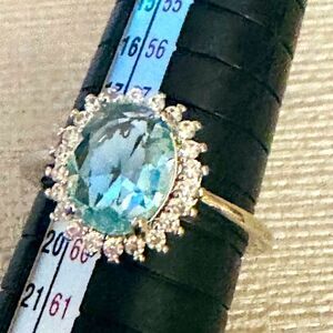 NATURAL AQUAMARINE 925 HALO RING LIGHT BLUE ROUND ART DECO STATEMENT RING